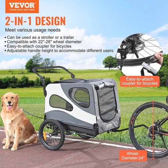 Remorque vélo pour chien pour Animaux domestiques - Poussette et porte-vélo 2 en 1, jusqu'à 45 kg, pliable et avec roues à dégagement rapide