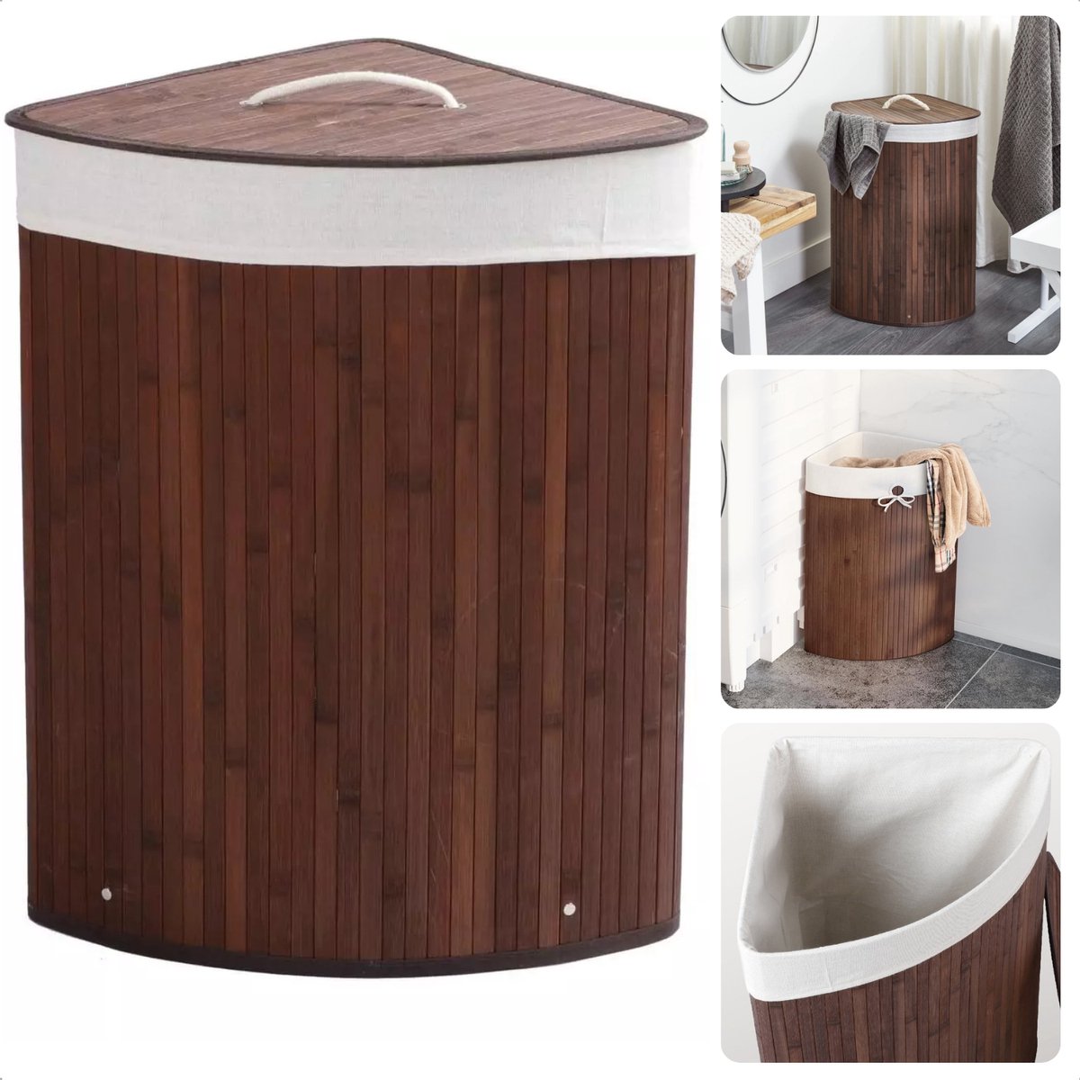 Goedkoopste Bamboe Hoek Wasmand met Waszak - Bruin - 72L - Opvouwbaar met Deksel - Duurzaam en Stijlvol - Inclusief EBOOK