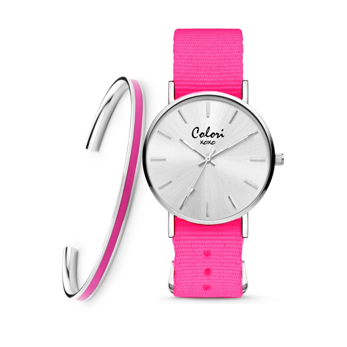Colori XOXO 5 COL561 Horloge Geschenkset met Armband - Nato Band - Donkerroze - Ø 36 mm
