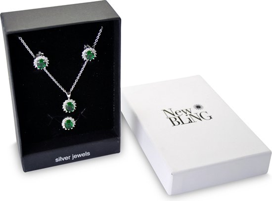 New Bling Gift Set 9NB SET010 52 Jewellery Gift Set - Boucles d'oreilles en argent 6x8 mm Collier 40 + 5 cm Taille de bague 52 - Solitaire Zirconia stone - Argenté / Vert