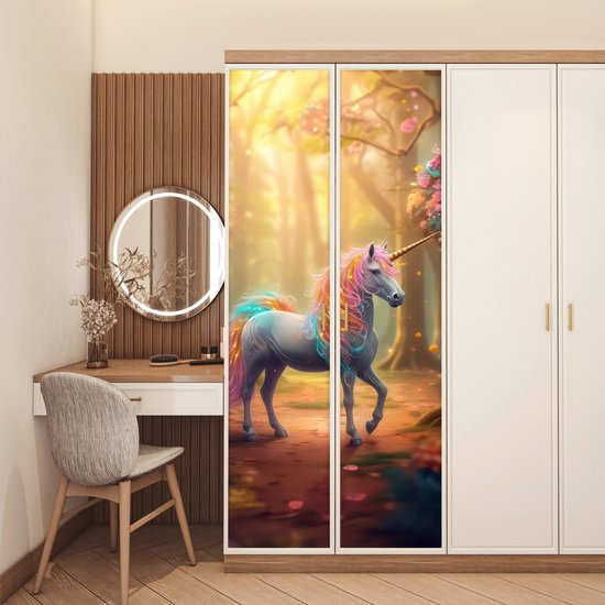 Affiche de porte 85x205 cm - Sticker porte Licorne - Forêt - Coloré - Fleurs - Meiden - Film meuble autocollant - Film porte chambre ado - Film intérieur chambre enfant - Film adhésif porte - Sticker papier peint porte - Décoration chambre ados