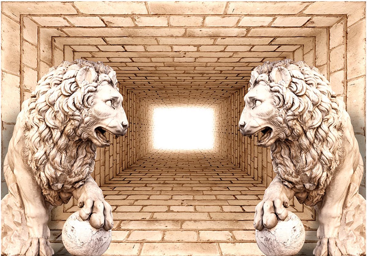 Fotobehangkoning - Behang - Vliesbehang - Fotobehang Leeuwen Standbeelden voor de 3D Tunnel - Mystery of lions - 400 x 280 cm