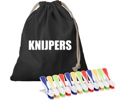 Canvas knijperzak/ opbergzakje knijpers zwart met koord 25 x 30 cm en 48 plastic wasknijpers - Knijperzak met knijpers