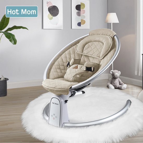 Hot mom® Automatische Schommelstoel voor Baby’s - Elektrische Baby Wieg - Afstandbestuurbare Wipstoel - Vijf standen - Speel muziek af met Bluetooth - Stijlvol - 0-1 jaar - 60 x 70 x 55 cm - Beige
