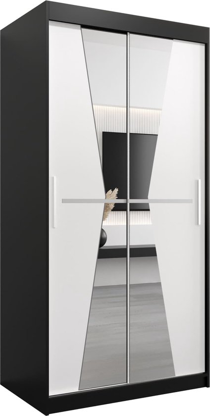 Zwarte kast met twee witte en twee spiegelende schuifdeuren, met stangen en planken.