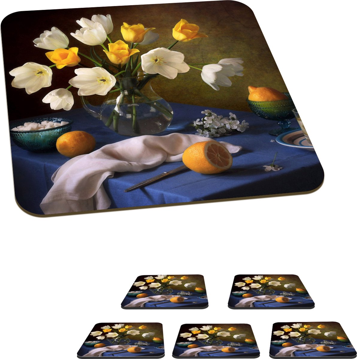Onderzetters voor glazen - Stilleven - Vaas - Fruit - 10x10 cm - Glasonderzetters - 6 stuks