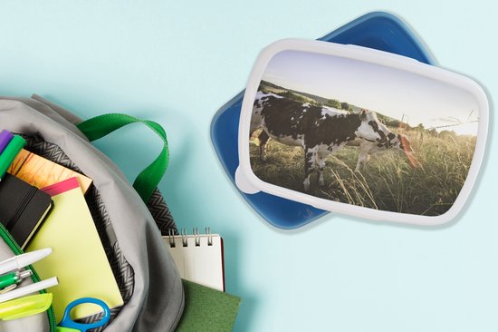 Boîte à lunch Blauw - Boîte à lunch - Boîte à pain - Vaches - Lumière - Nature - 18x12x6 cm - Enfants - Garçon - Cadeau Sinterklaas - Distribution de cadeaux pour enfants - Cadeaux chaussures Sinterklaas