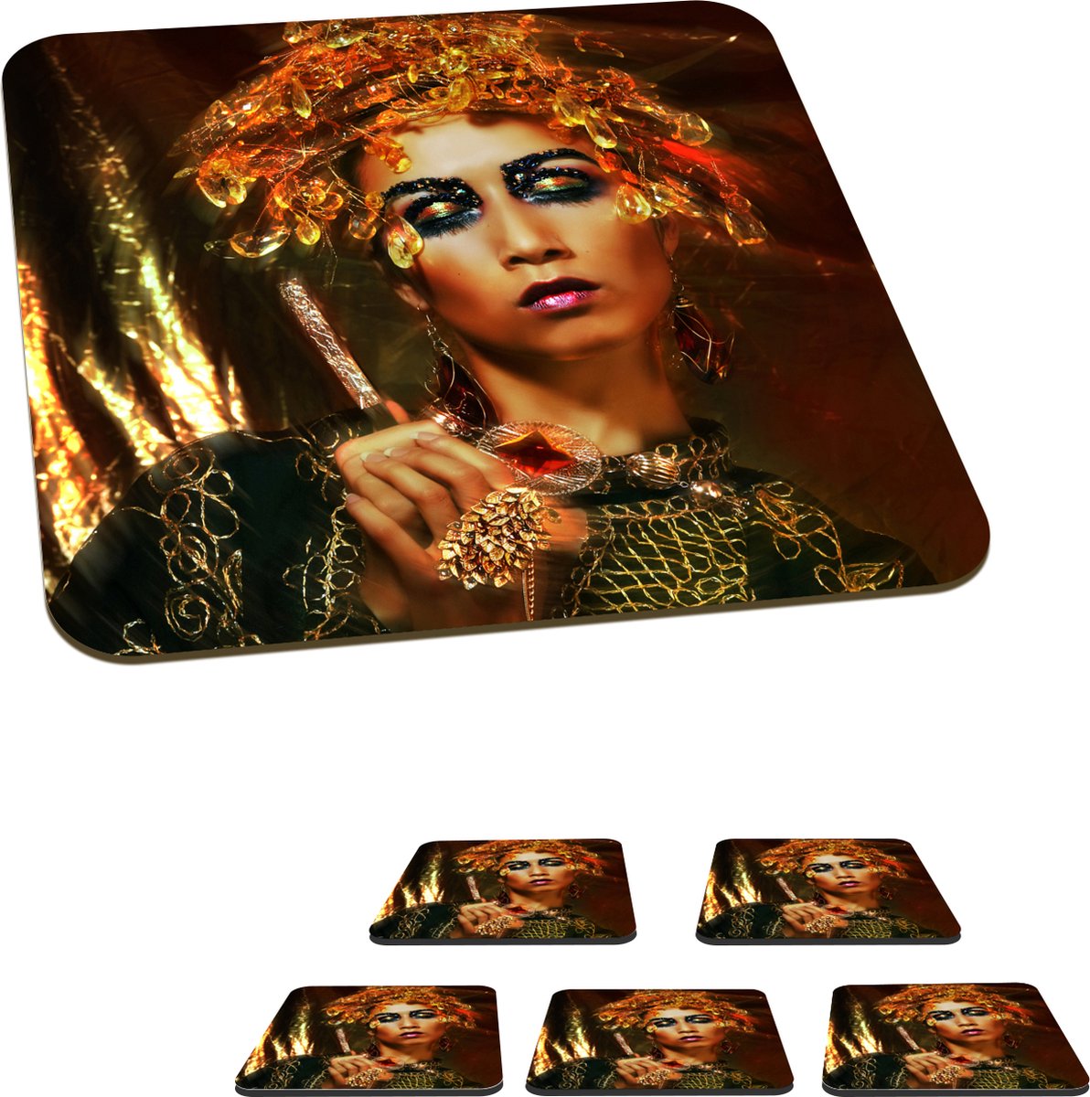 Onderzetters voor glazen - Vrouw - Sieraden - Oogschaduw - 10x10 cm - Glasonderzetters - 6 stuks