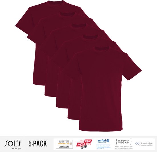 5 Pack Sol's Heren T-Shirt 100% biologisch katoen Ronde hals Burgundy Maat S