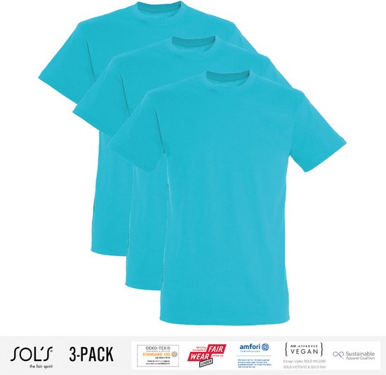 3 Pack Sol's Jongens/Meisjes T-Shirt 100% biologisch katoen Ronde hals Aqua Blauw Maat 118/128 (7/8 Jaar)
