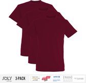 3 Pack Sol's Heren T-Shirt 100% biologisch katoen Ronde hals Burgundy Maat XXL