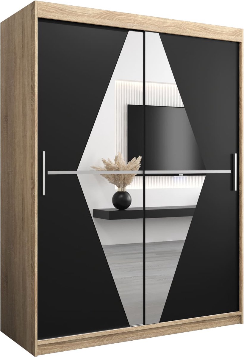 InspireME Kledingkast met 2 schuifdeuren, Modern-stijl, Een kledingkast met planken en een spiegel (BxHxD): 150x200x62 - BOLA 150 Sonoma Eik + Zwart Mat