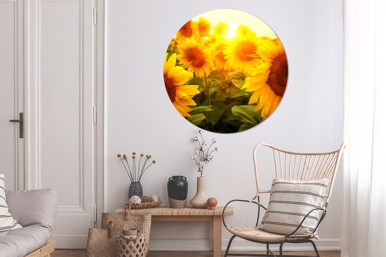 WallCircle - Papier peint cercle - Tournesol - Jaune - Bloem - 140x140 cm - Papier peint autocollant - Papier peint cercle - Papier peint cercle autocollant - Papier peint rond - Salon