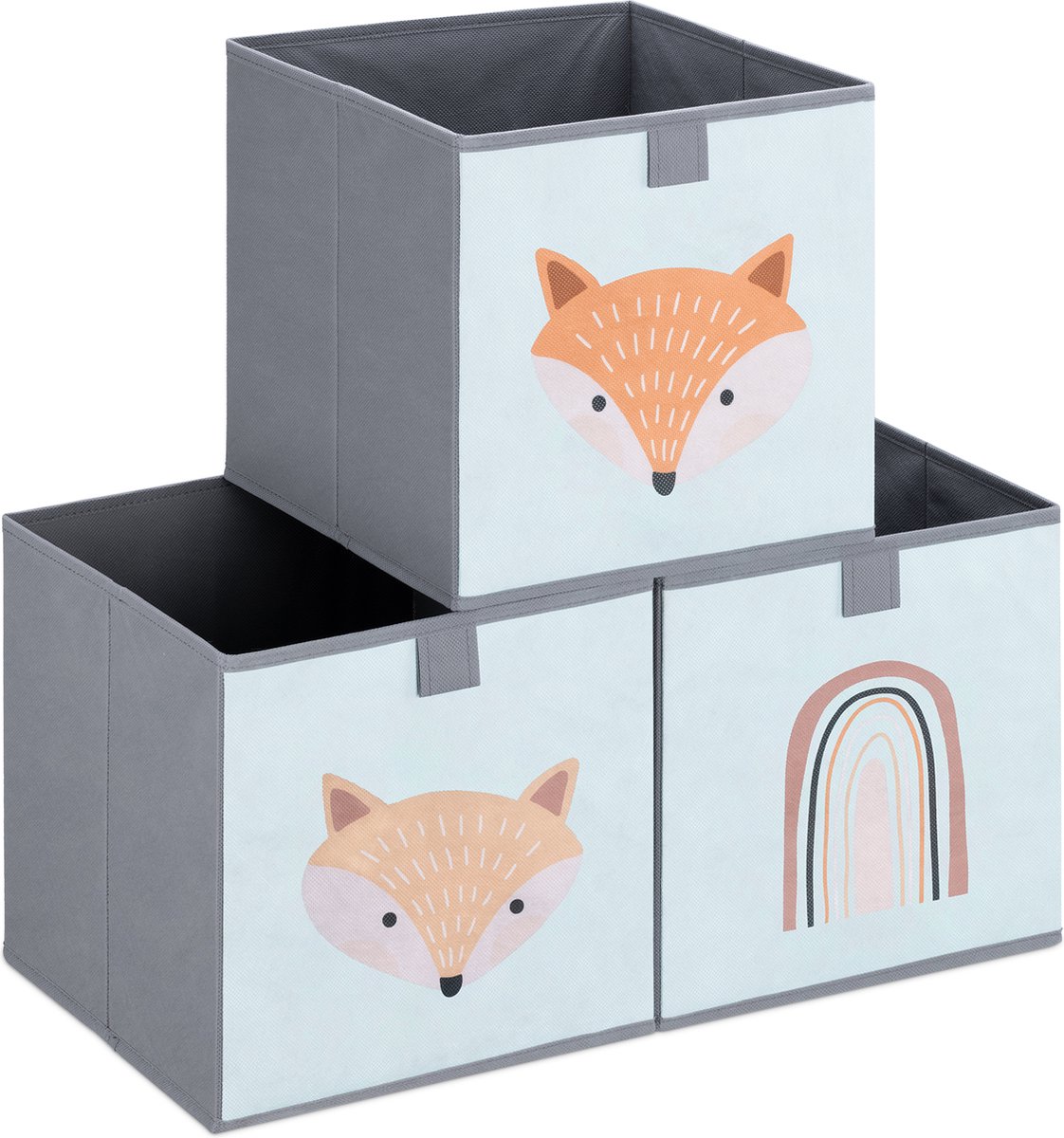 Navaris opbergdozen voor kinderen - Set van 3 opbergboxen met treklus - 28 x 28 x 28 cm - Opvouwbaar - Opbergmanden in mintgroen/grijs met vos
