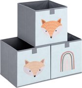 Boîtes de rangement pour enfants Navaris - Set de 3 boîtes de rangement avec boucle de traction - 28 x 28 x 28 cm - Pliable - Paniers de rangement en vert menthe / gris avec renard
