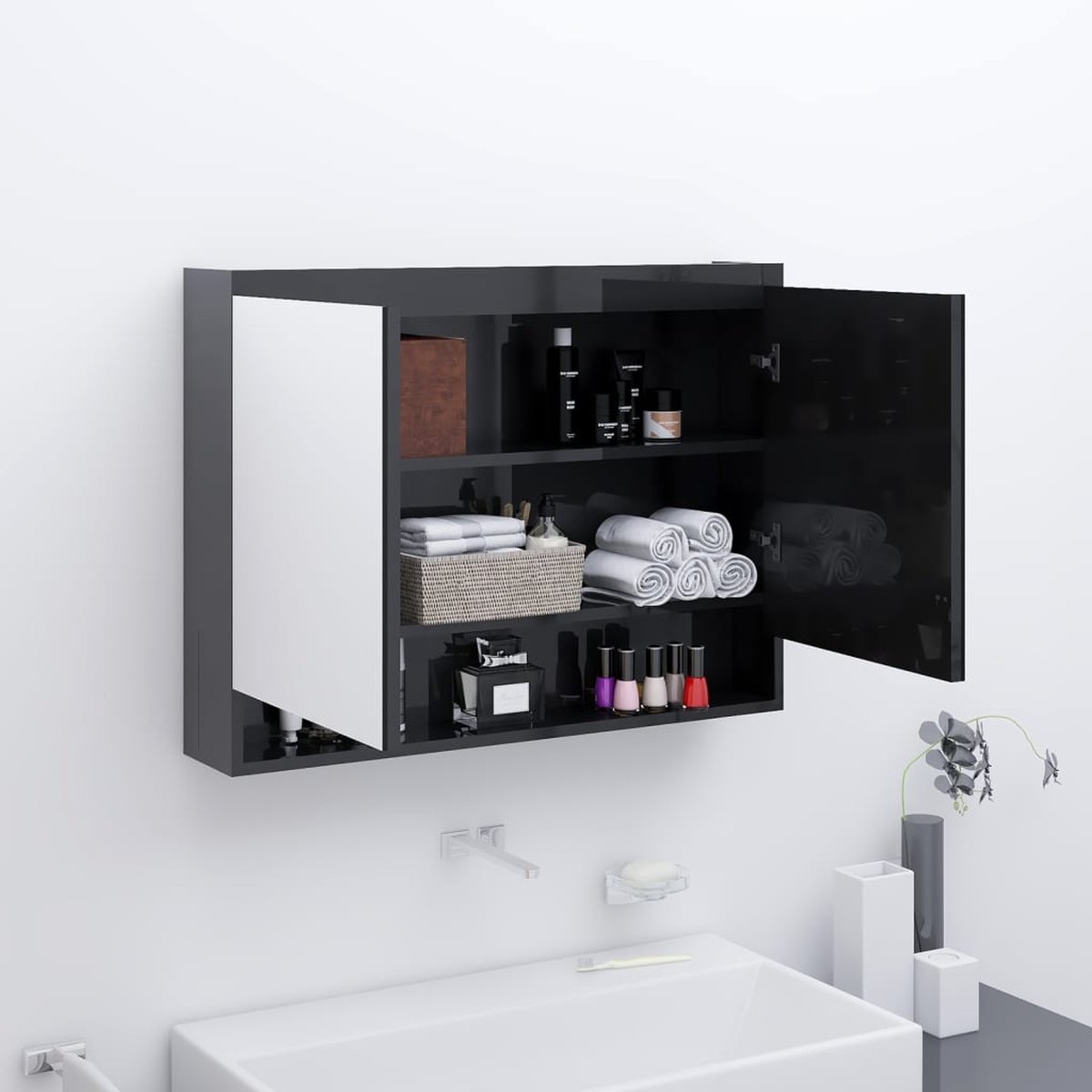 Prolenta Premium - Badkamerkast met spiegel 80x15x60 cm MDF glanzend zwart