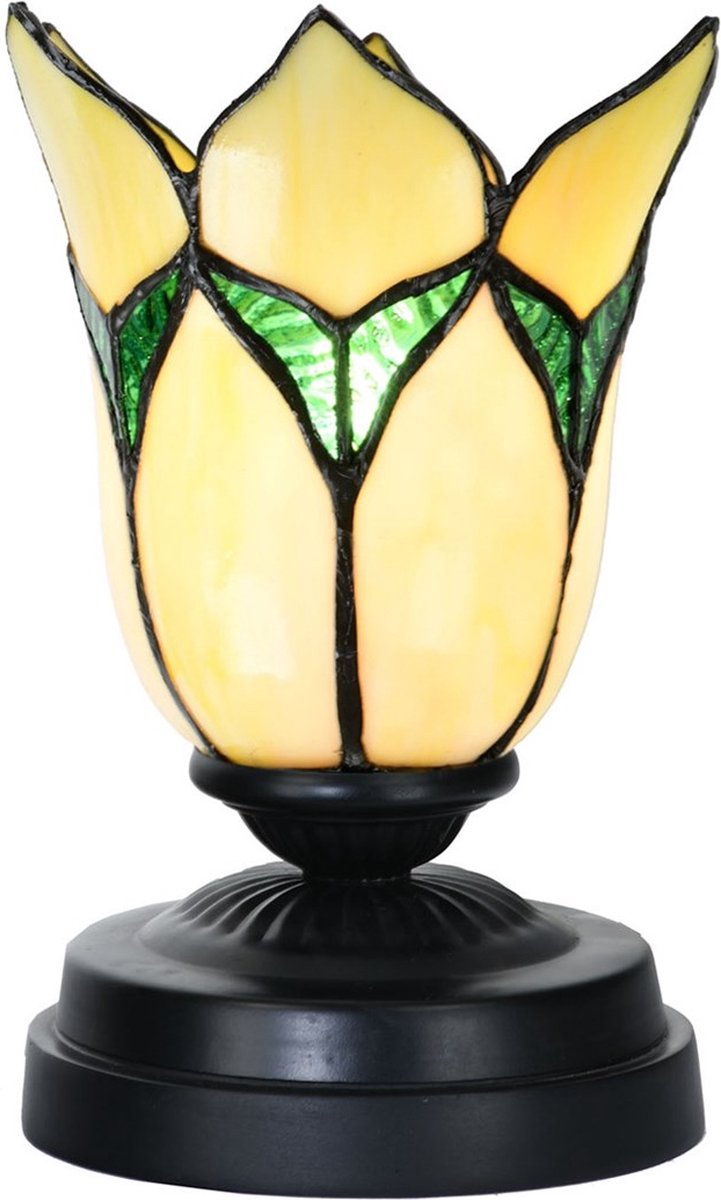 Tiffany lage tafellamp zwart met Lovely Flower Yellow - Art Deco Trade