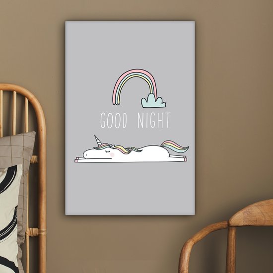 Peinture sur toile Licorne - Citations - Bonne nuit - Licorne - Texte - Arc-en-ciel - Dictons - Décoration murale filles - Décoration chambre d'enfant - 60x90 cm