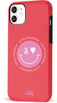 xoxo Wildhearts Love Yourself Red - Double Layer - Rood hoesje geschikt voor Apple iPhone 11 - Hoesje met smiley emoji - Hardcase case geschikt voor iPhone 11 - Smiley case - rood