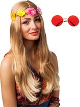Hippie Flower Power verkleed hoofdband en ronde rode glazen party bril