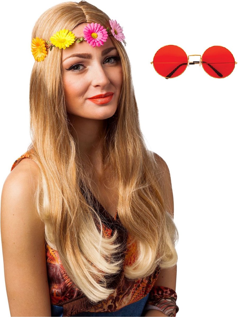 Hippie Flower Power verkleed hoofdband en ronde rode glazen party bril - Merkloos