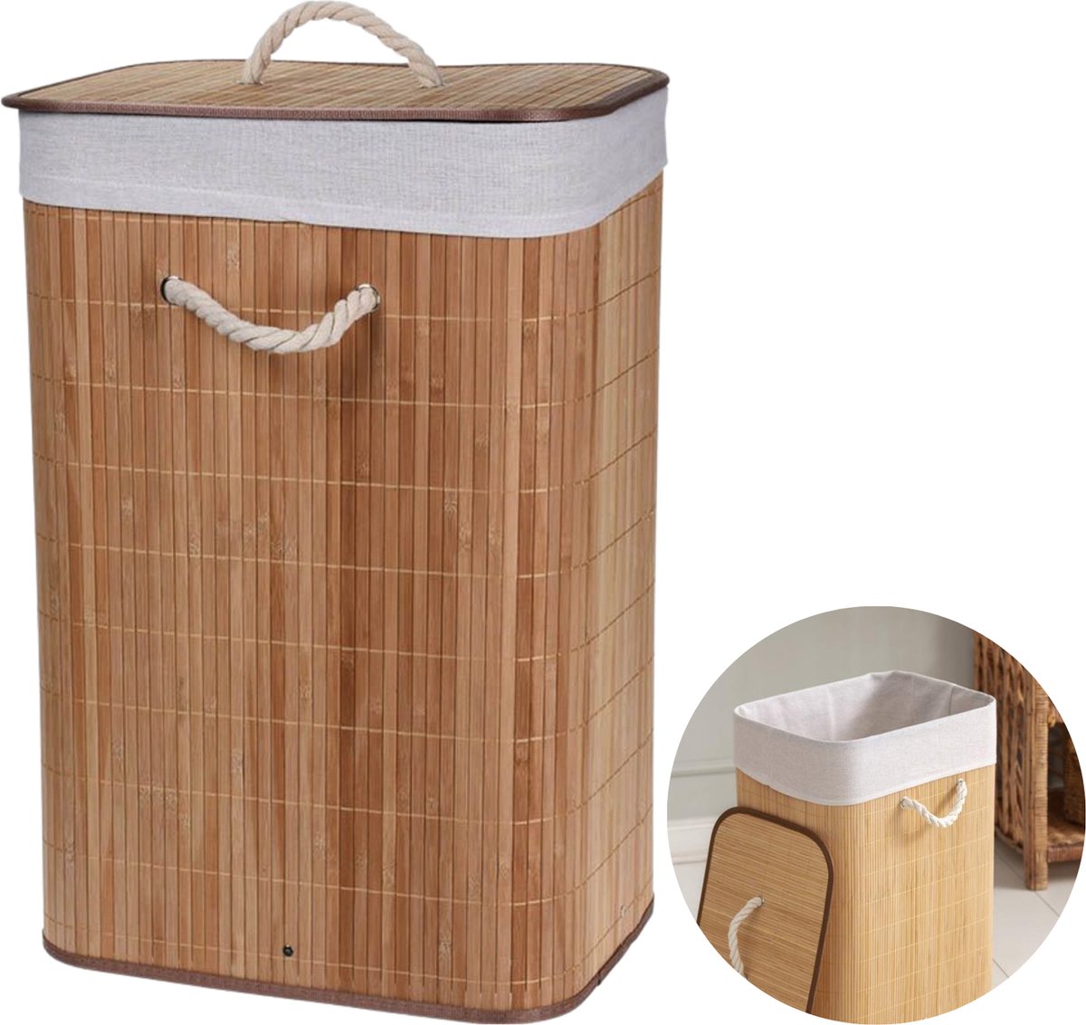Cheqo® Opvouwbare Wasmand - Linnenmand - Wasbox - Wassorteerder - Laundry Basket - Wasmand Opvouwbaar - Bamboe - 40x30xH60cm
