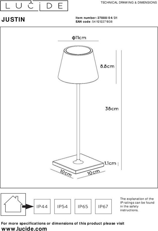 Lucide JUSTINE - Lampe de table Extérieur Rechargeable - Batterie - LED  Dim. - 1x2W 2700K - IP54 - Avec station de charge sans fil - Vert
