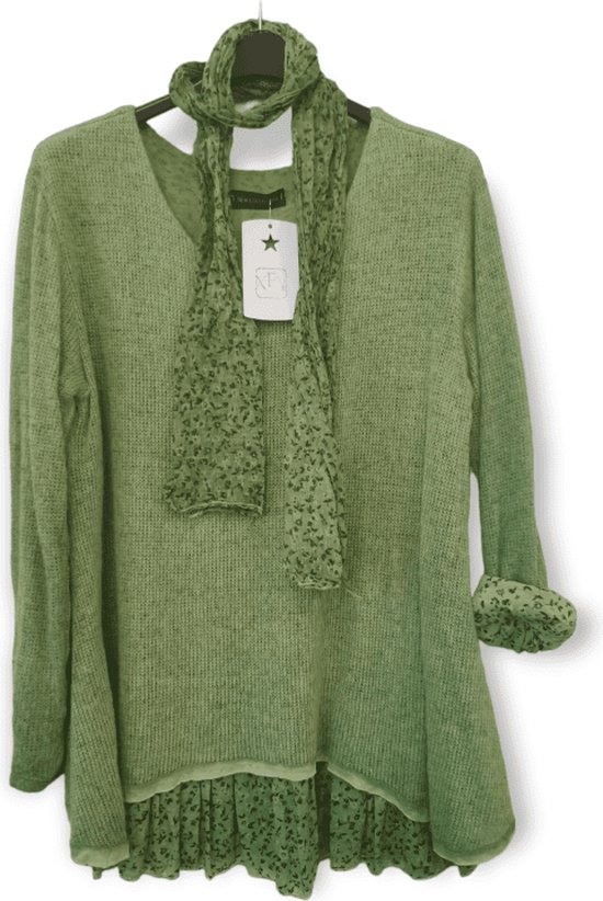 Beau haut chaud en laine - pull pour femme doublé et écharpe couleur VERT - taille 40/42