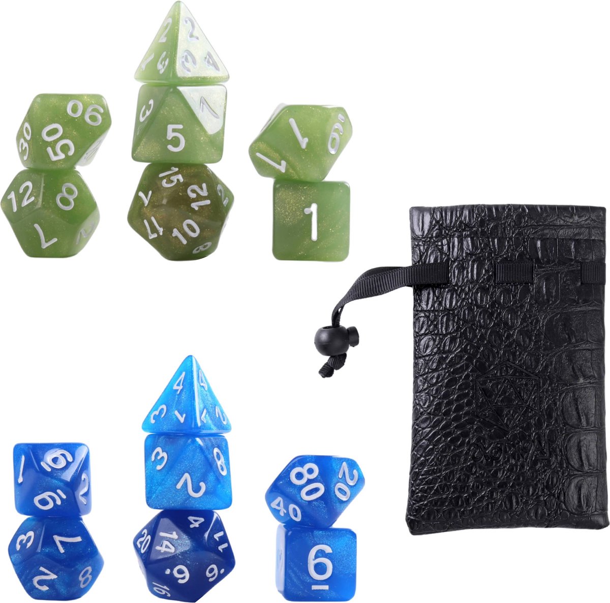 Lapi Toys - Dungeons and Dragons dobbelstenen mega set - D&D dobbelstenen - D&D polydice - 2 sets (14 stuks) - Acryl - Met gratis dice bag - Meerkleurig