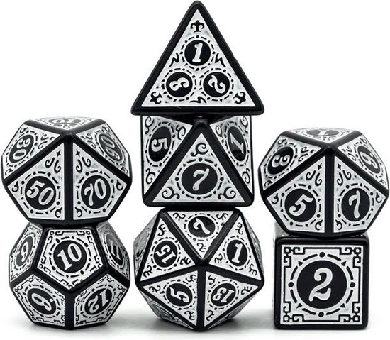 Afbeelding van het spel Lapi Toys - Dungeons and Dragons dobbelstenen - D&D dobbelstenen - D&D polydice - 1 set (7 stuks) - Acryl - Wit - Zwart