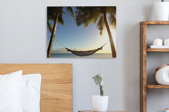 Hamac entre palmiers plage tropicale Toile 30x20 cm - petit - Tirage photo sur toile (Décoration murale salon / chambre) / Mer et plage