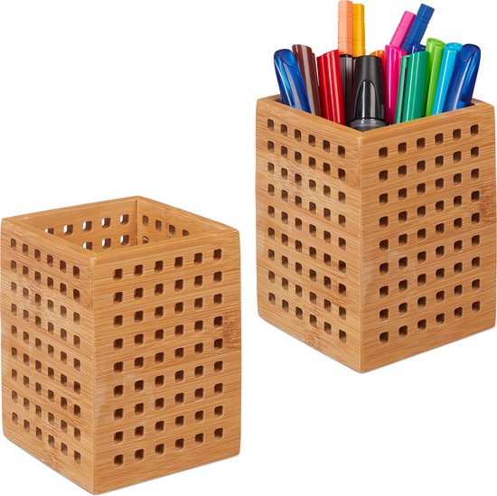 Relaxdays 2x pennenbak bamboe - houten box - pennenhouder kantoor - landhuisstijl - bruin