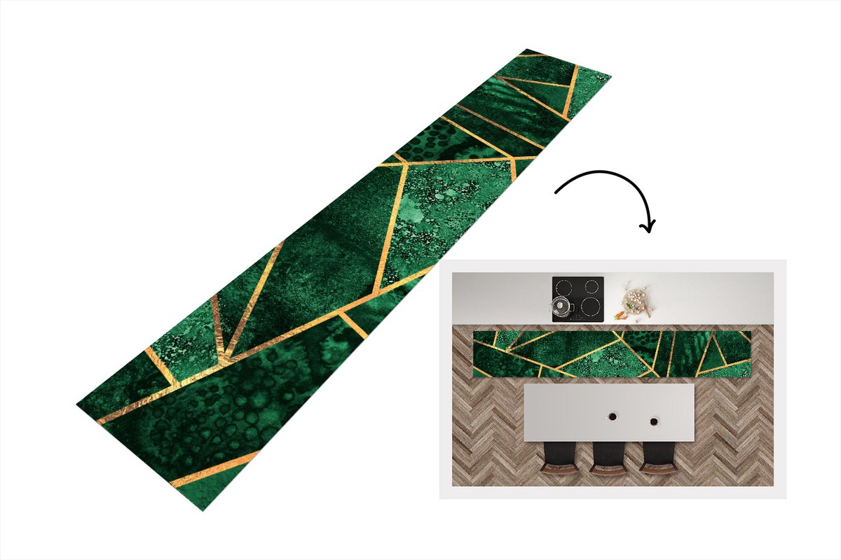 KitchenYeah Keukenloper - Loper keuken - Smaragd - Goud - Abstract - Patronen - Keukenloper vinyl, foto 6