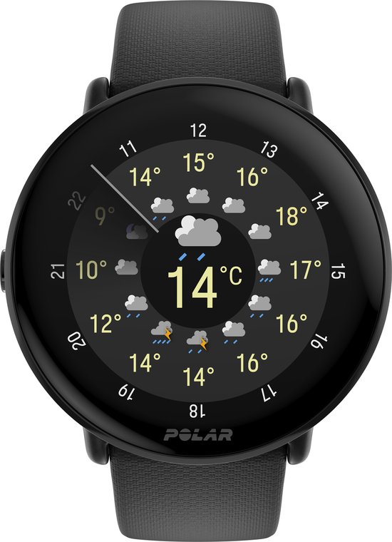 Polar Ignite 3 smartwatch met zwart bandje. Het scherm toont het weer met 14°C in het midden en temperaturen rondom.