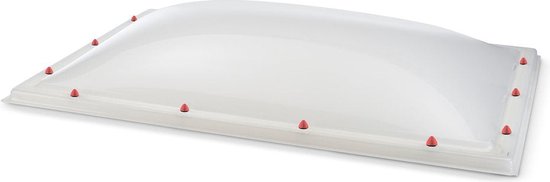 Dôme rectangulaire blanc avec des points de fixation rouges tout autour, sur fond blanc.