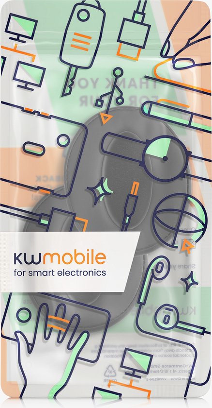 Verpakking met een schematische weergave van koptelefoons en accessoires, met het logo "kwmobile".