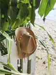 Bruine strooien cowboyhoed hangend aan een wit hekje met op de achtergrond zand en zee.
