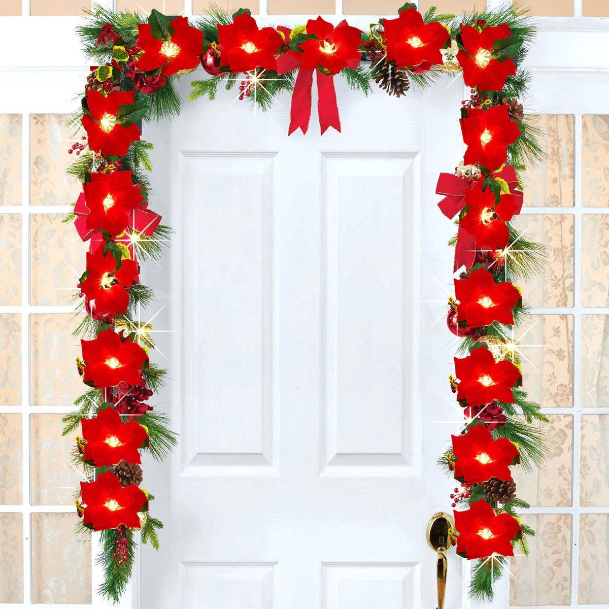 Kerstslinger, 198 cm, rode poinsettia led-slinger met rode bessen en hulspandbladeren, kunstmatig poinsettia slinger, kerstdecoratie voor vakantie, huisdeur decoratie