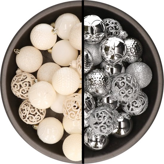 Kerstballen 74x stuks wol wit en zilver 6 cm kunststof bol