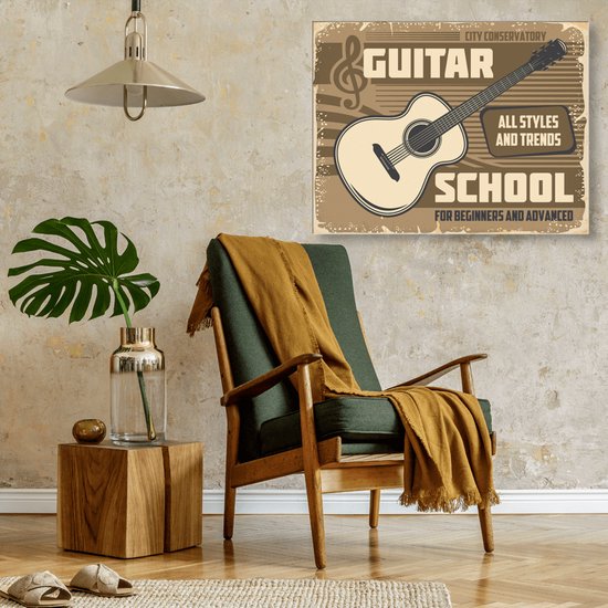 Meester Aan De Muur - Schilderij - Doek Schilderstuk Muurdecoratie Fotokunst Tafereel Guitar School - Multicolor - 80 X 60 Cm