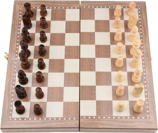 Thumbnail van een extra afbeelding van het spel 3-in-1 Bordspel - 29 cm - Schaakbord - Dambord - Backgammon - Schaakspel - Schaakset - Schaken - Dammen - Met Schaakstukken - Chess - Hout - Opklapbaar