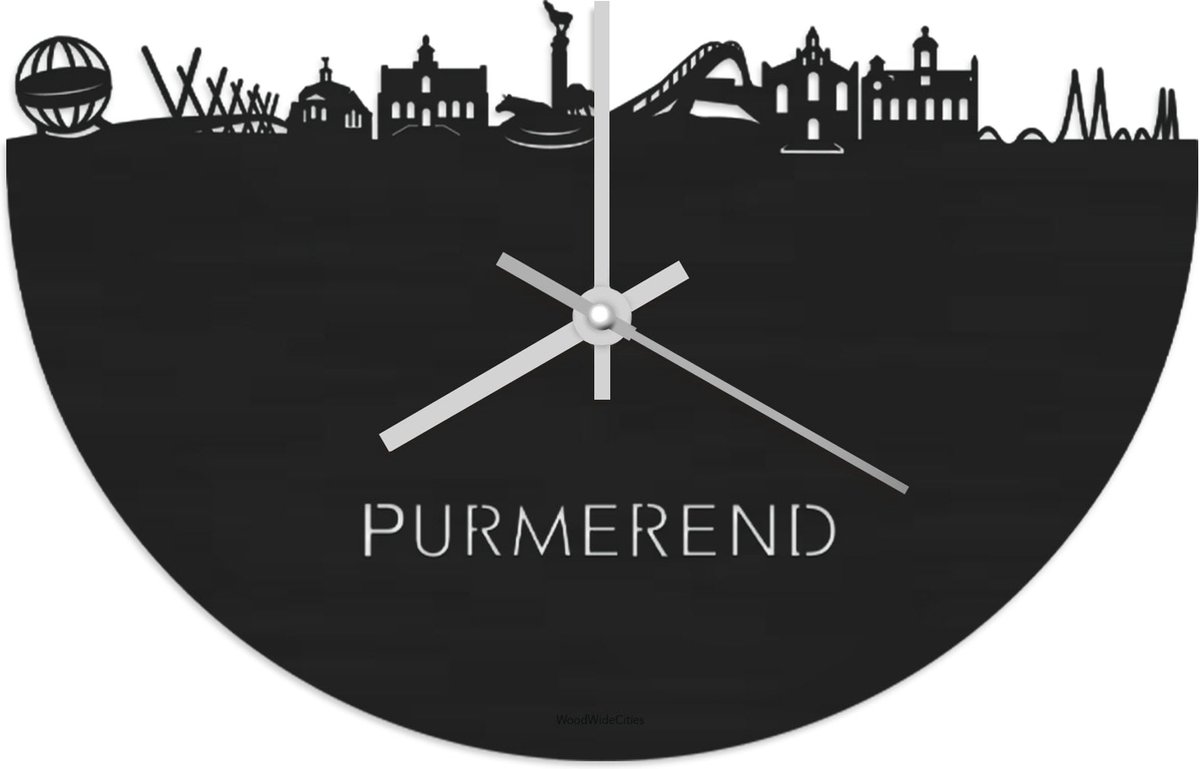 Skyline Klok Purmerend Zwart hout - Ø 40 cm - Stil uurwerk - Wanddecoratie - Meer steden beschikbaar - Woonkamer idee - Woondecoratie - City Art - Steden kunst - Cadeau voor hem - Cadeau voor haar - Jubileum - Trouwerij - Housewarming -