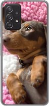 Geschikt voor Samsung Galaxy A53 5G hoesje - Een Teckel puppy op een roze deken - Siliconen Telefoonhoesje