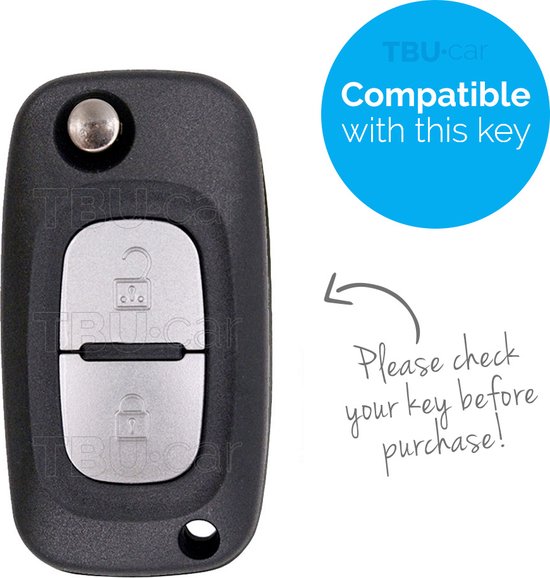 Zwarte autosleutel met twee zilverkleurige knoppen en tekst 'Compatible with this key'.