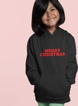 Kerst Hoodie Zwart Kind - Merry Christmas Red (12-14 jaar - MAAT 158/164) - Kerstkleding voor jongens & meisjes