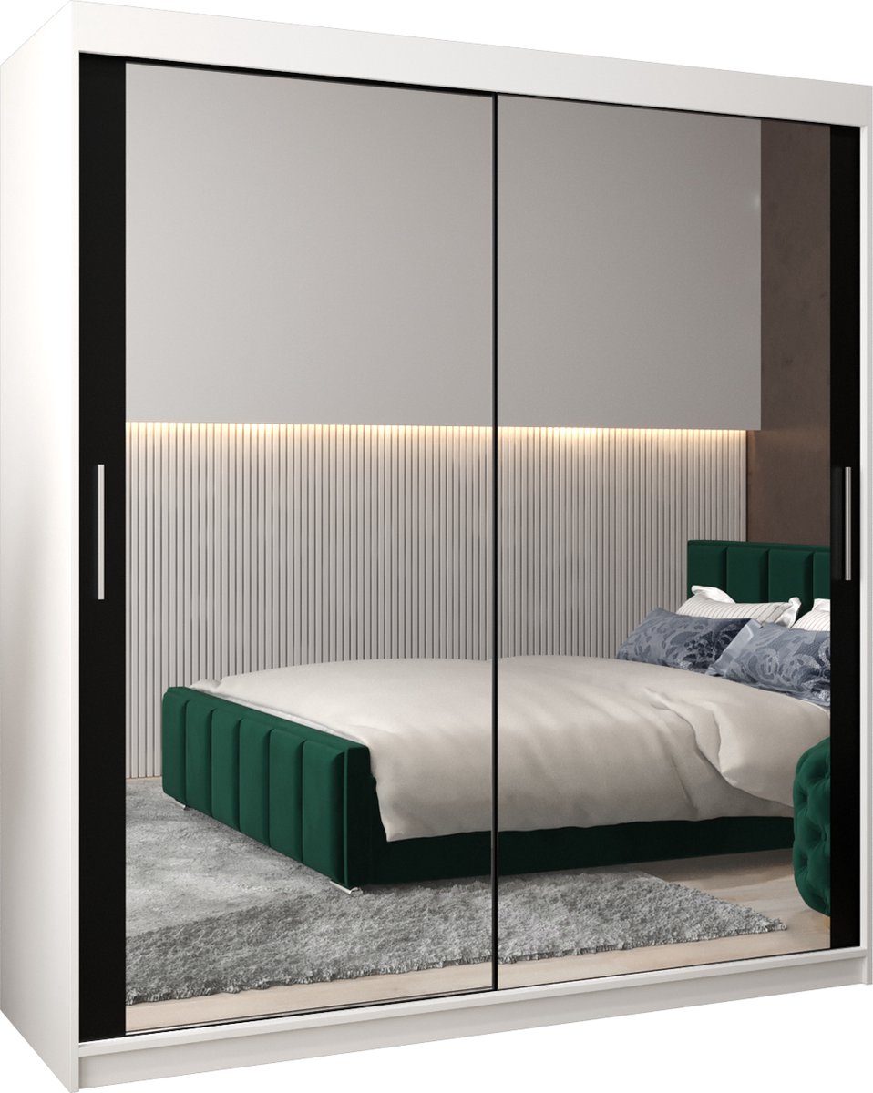 InspireME Kledingkast met 2 schuifdeuren, Modern-stijl, Kledingkast met planken (BxHxD): 180x200x62 - TORM III 180 Wit Mat + Zwart