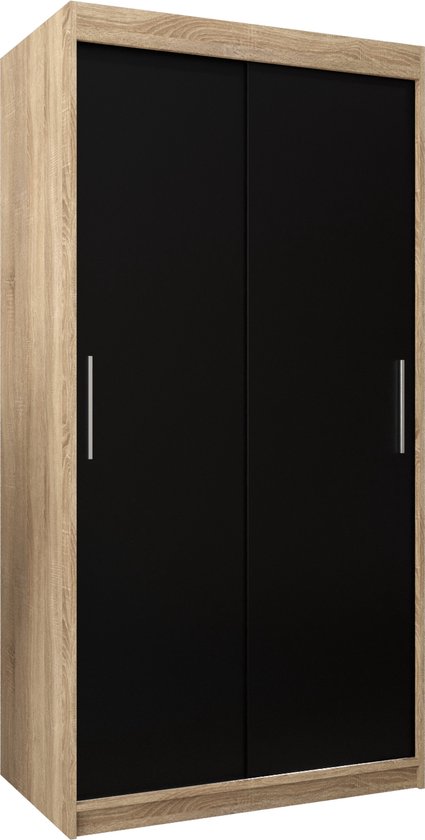 Kledingkast met 2 zwarte matglanzende schuifdeuren en eikenhouten frame.