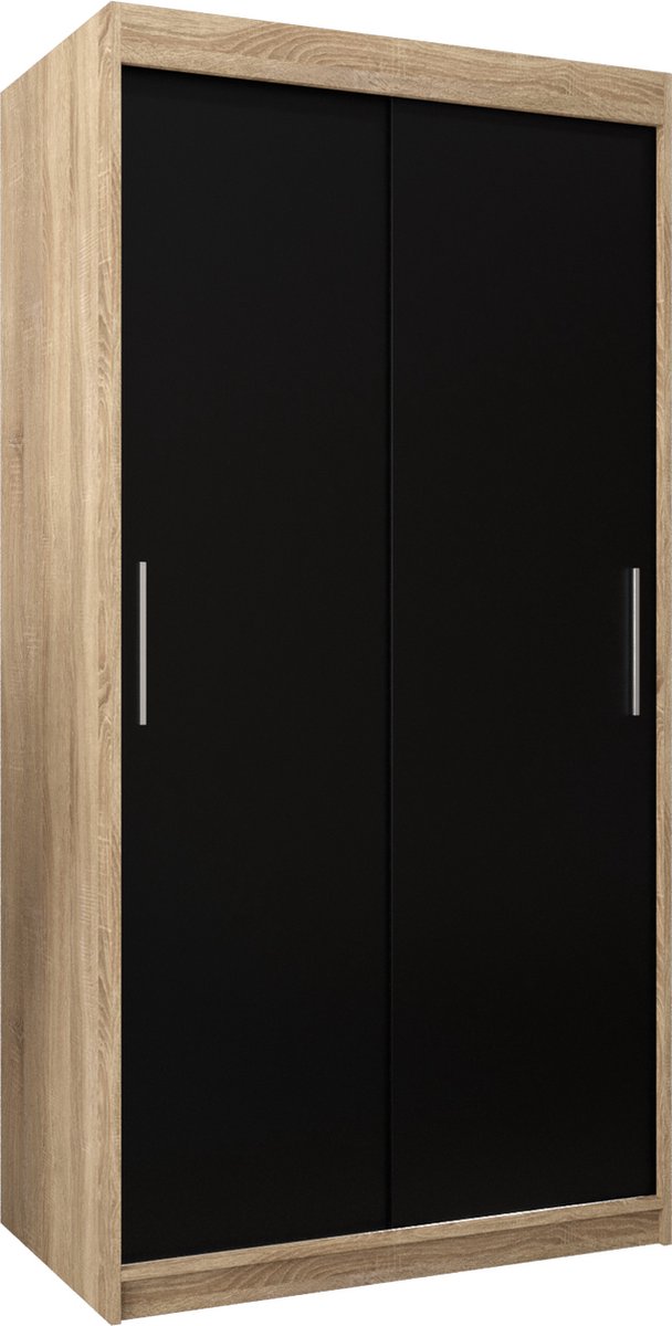 InspireME Kledingkast met 2 schuifdeuren, Modern-stijl, Kledingkast met planken (BxHxD): 100x200x62 - TORM 100 Sonoma Eik + Zwart Mat
