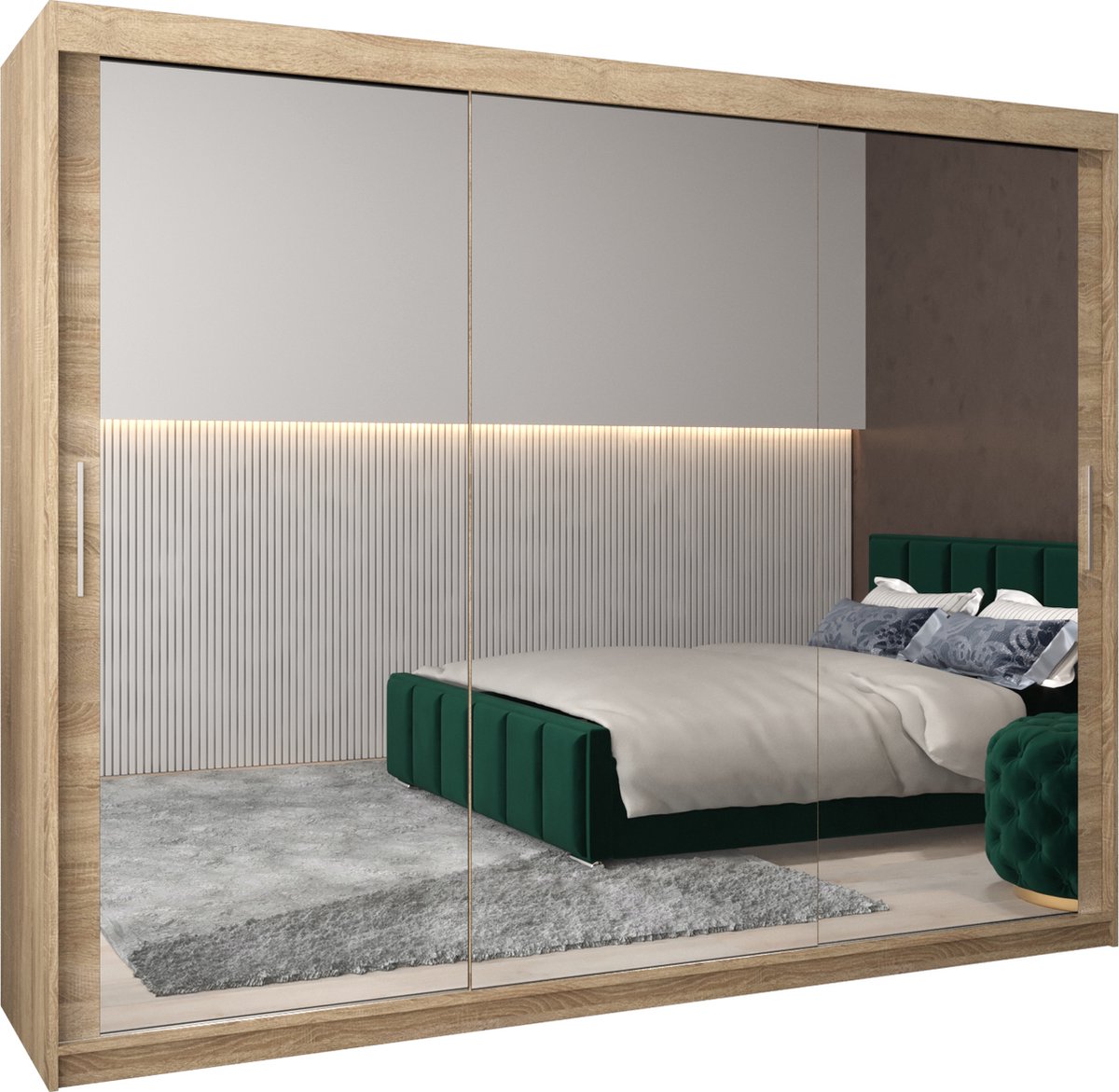 InspireME Kledingkast met 3 schuifdeuren, Modern-stijl, Kledingkast met planken (BxHxD): 250x200x62 - TORM III 250 Sonoma Eik mat 4 lades