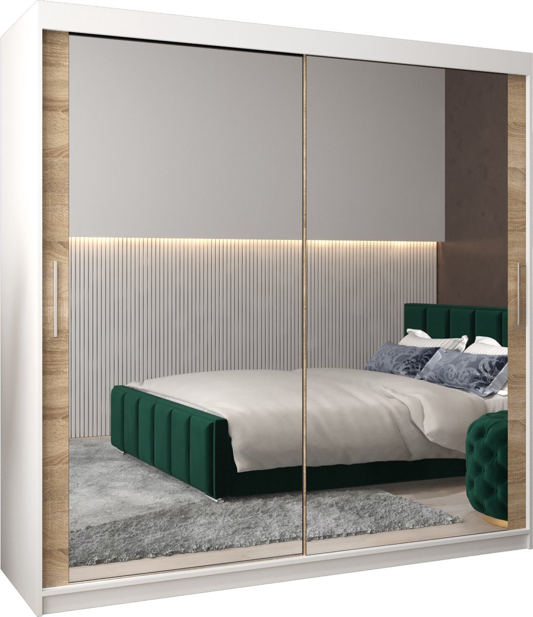 InspireME Kledingkast met 2 schuifdeuren, Modern-stijl, Kledingkast met planken (BxHxD): 200x200x62 - TORM III 200 Wit Mat + Sonoma Eik met 4 lades